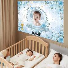 1 szt. Spersonalizowany, spersonalizowany, ręcznie robiony, uroczy niebieski kwiatowy wianek w kształcie krzyża, dekoracja chrztu, możliwość personalizacji imienia i zdjęcia, odpowiedni do pokoju dziecięcego, salonu, tła