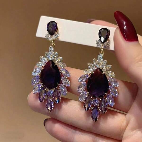Vintage Luxury High-End Sparkling Fully Rhinestoned Tassel Earrings, Exaggerated Charm Purple Rhinestone Glamorous Earrings For Women