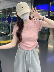 女士纯色收腰短袖针织上衣，休闲粉色夏季款 - 粉色 - 查看 3