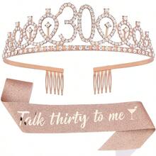 "Talk Thirty To Me" Sash & Rhinestone Tiara Set - 30th Birthday Gifts Rose Gold Glitter Birthday Sash For Women Birthday Party Favors