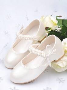 Girls Pearl Princess Shoes, White Leather Shoes, Mid-Heel, Spring/Autumn