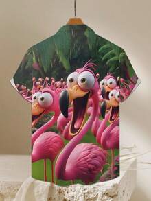 Summer Men's 3D Big Eyes Flamingo Printed Shirt - Multicolor - View 2
