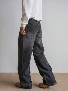 Men's Vintage Washed Black Denim Jeans With Pockets, Rugged Streetwear