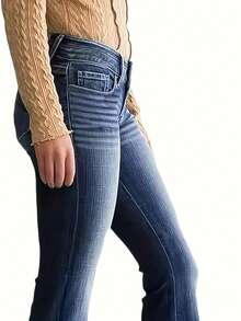 Plus Size Women's Retro High Elastic Double Button Denim Flared Pants, Spring, Summer, Autumn And Winter Clothing | Daily Casual Wear | Machine Washable Woven Denim Fabric | Comfortable Denim - 藏蓝色 - 查看 4