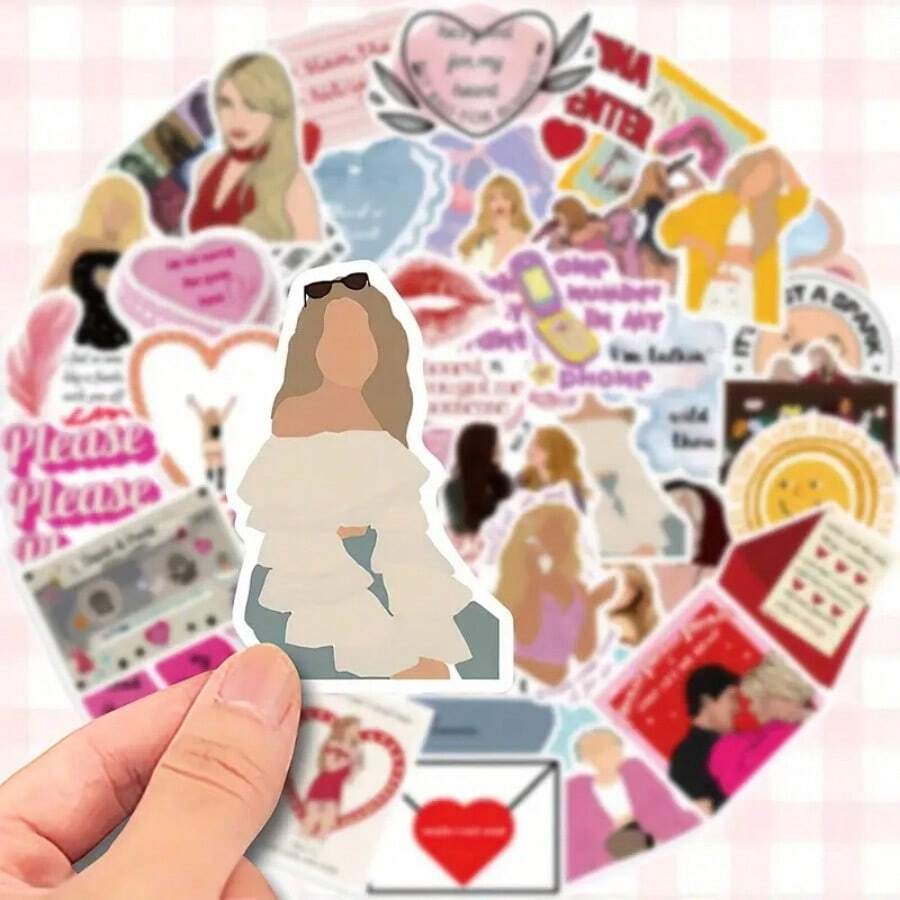 50入音樂歌詞與浪漫主題高品質乙烯基貼紙 DIY 貼紙,適用於日記本、吉他、筆記本、頭盔、滑板、行李箱、手機與電腦,適合 TS 及更多粉絲,日記裝飾,愛心與音樂圖案 - 彩色 - 查看 1