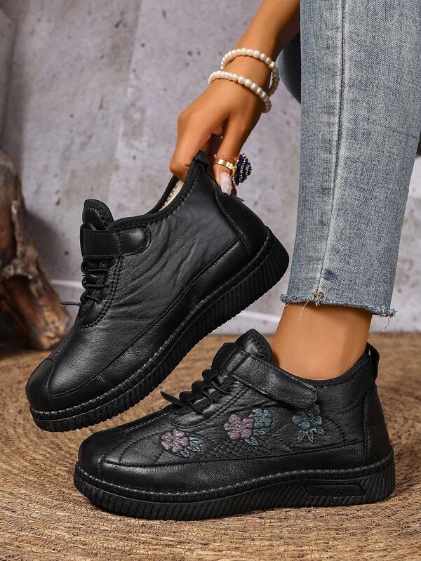 Women's Snow Boots, Hook And Loop Design For Easy On/Off, Floral Pattern PU Upper, Waterproof PVC Sole, Durable & Wear-Resistant, Ankle Boots For Winter