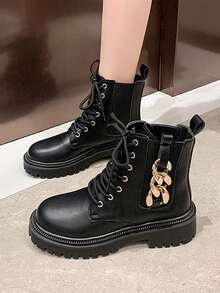 1 pereche de cizme elegante și la modă pentru adolescenți, confortabile și versatile, cu cataramă metalică și șireturi decorative, potrivite pentru exterior, petreceri, naveta - Negru - Vizualizare 6