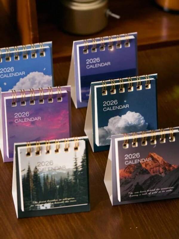 1pc Simple Mini 2026 Calendar - Monthly Planner With Colorful Clouds & Mountain Design, Durable Spiral Binding, Ideal For Office & School Supplies, Desk Accessory, Daily Planner|Vibrant Design|Durable Spiral Binding, Calendar For Desk