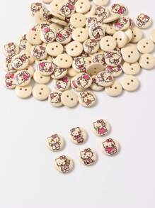 Sanrio 100pcs Hello, Kitty  15mm Wooden Buttons - Mixed Pack, Hello, Kitty Pattern, 2 Holes, Light Beige Natural Wooden Buttons For Sewing, Knitting, DIY Crafts And Clothing Accessories