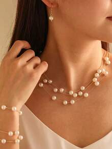 3pcs Elegant Fashion Necklace, Bracelet, Earring Set, Multi-Layer Pearl Chain Jewelry, Suitable For Wedding, Bride, Evening Party