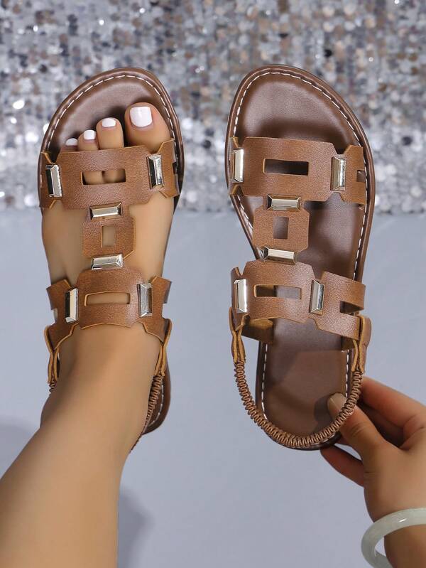 New Women's Fashion Slip-On Elastic Flat Sandals, Solid Color Bohemian PU Leather Pure Metal Beach Shoes, Summer