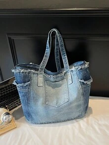 New Denim Fabric Large Capacity Tote Bag, Casual Versatile Shoulder Handbag, Underarm Carry Bag, Student School Bag - Blue - View 3