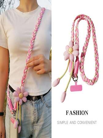 圣诞节智能手机腰带手机挂绳斜挎包可携带女士长款ins风花朵手工编织绳，结实耐用户外防丢绳