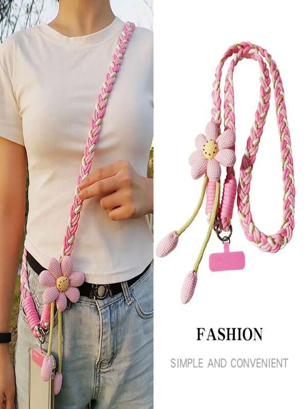 Sangle de téléphone portable bandoulière peut transporter le style long Ins fleur tressée à la main des femmes, corde solide et durable anti-perte pour l'extérieur