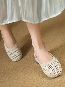 Fall/Winter Square Toe Woven Women's Sandals, Elegant Chunky Heel Bowknot Beige High Heels, Outdoor Party Buckle Hollow-Out Shoes,Elegant,Ballet Shoes