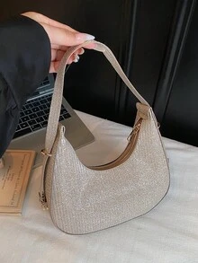 1pc Zipper Closure PU Solid Color Crescent Underarm Bag, Fashion Retro Office Shoulder Bag, Versatile Baguette Bag, Shiny Women Party Evening Bag, Suitable For Daily Use And Attending Banquets - Gold - View 9