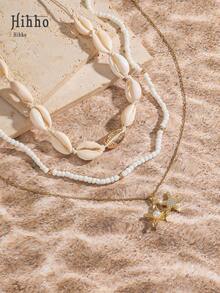 Hihho 3 件时尚简约波西米亚风格手工编织贝壳珠女士颈链套装，适合海滩旅行，饰有闪亮锆石、双层海星吊坠和珍珠装饰 - 金黃色 - 查看 1