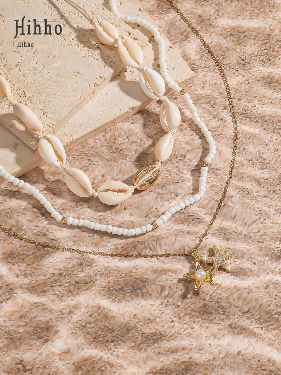 Hihho 3 件时尚简约波西米亚风格手工编织贝壳珠女士颈链套装，适合海滩旅行，饰有闪亮锆石、双层海星吊坠和珍珠装饰 - 金黃色 - 查看 1