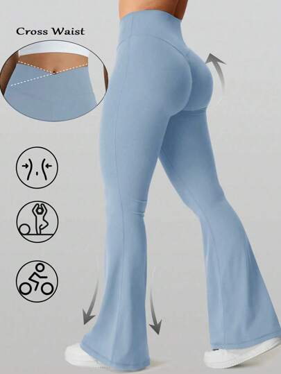 女士纯色针织喇叭瑜伽裤，高腰修身紧身裤，弹力健身紧身裤，适合健身房锻炼跑步户外运动，透气速干