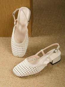 Fall/Winter Square Toe Woven Women's Sandals, Elegant Chunky Heel Bowknot Beige High Heels, Outdoor Party Buckle Hollow-Out Shoes,Elegant,Ballet Shoes