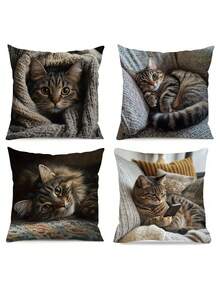 4 款猫咪印花抱枕套 | 17.7x17.7 英寸，现代风格，可机洗，拉链开合，舒适涤纶，单面印花，完美适合现代家居装饰，多功能房间配件 | 异想天开的家居装饰，猫咪装饰，无枕芯 - 彩色 - 查看 16