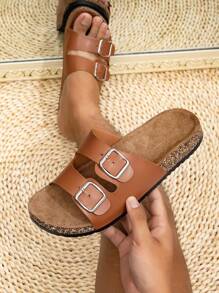Men's Casual Simple Solid Color Buckle Flat Heel Set Wearing One Line Slippers, Suitable For Teen Summer Casual Or Outdoor Athletic Or Vacation Travel Or Graduation Gifts Or Birthday Dress Accessories
