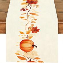 秋季花卉桌旗，奶油色背景上优雅的橙色花朵和叶子印花，秋季餐桌装饰，适合餐厅、秋季聚会和农舍家居装饰