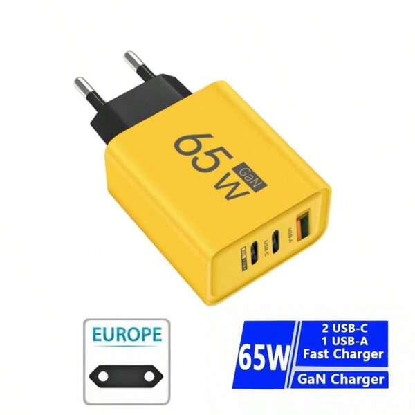 65W GaN Charger, 3-Port USB-C And USB-A Fast Charging Adapter, Compatible With IPhone, Laptops. Wall Charger With EU Plugs