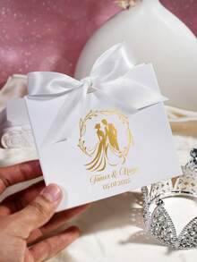 Custom Mini Wedding Favor Boxes: Elegant Boxes With Gold Design ,Names Of The Groom And Bride, Wedding Date, Featuring Lovely Satin Ribbons In Pink And Gold - Perfect For Treats, Chocolates, And Small Gifts For Weddings, Engagements, And Bridal Showers - 11.5x4.5x10cm - View 7