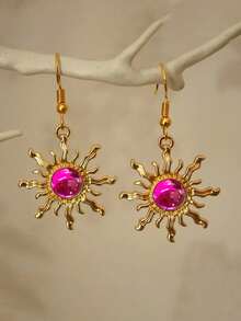 1 Pair Bohemian Style Baroque Sunflower Faux Jade Plated Gold Dangle Earrings, Elegant & Fashionable Earring Hooks - Sun - View 9