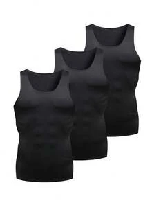 3件套男士黑色塑身背心紧身背心牛奶丝弹力舒适户外运动训练跑步篮球足球运动打底背心速干吸汗透气穿着舒适春夏礼物 - 黑色 - 查看 3