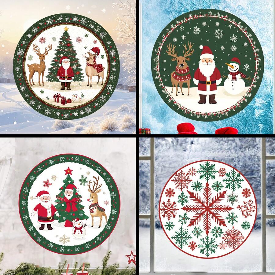1 件圣诞老人、雪人、圣诞树窗贴、PVC 静电吸附贴花、圣诞节节日装饰、派对用品、适用于家庭和厨房窗户装饰、门窗玻璃贴花圣诞装饰品圣诞装饰圣诞装饰家居
