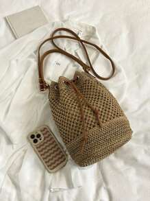 Women's Vacation Bohemian Style Drawstring Straw Bucket Tote Shoulder Bag