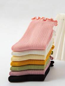 1/2/3/7 双随机儿童纯色木褶边袜子，春夏秋季糖果色蕾丝袜，女童袜子，舒适柔软，网眼透气，运动时尚中筒儿童袜子，适合日常穿着