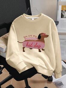 青少年女孩面包狗热狗字母图案休闲圆领运动衫春秋季节返校购物旅行派对适合日常穿着，毕业，返校节，毕业典礼，老师，返校节，派对，旅行套头衫，童装女孩，女孩的衣服 - 杏色 - 查看 1