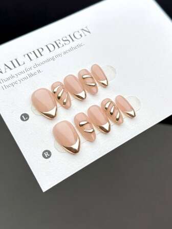 10 Pieces Of Pure Hand-Made Wearable Nail Tips, Short Almond Shape, Fashionable And Simple Style, Pure Hand-Painted Golden French Fingertips With Nude Powder Base Color And Three-Dimensional Relief Hand-Painted Golden Irregular Pattern, It Is A High-End Whitening Nail Art Fake Nail Finished Press-On Nail, Suitable For Daily Wear By Ladies And Girls, With Nail Set