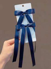 2pcs Girls' Simple Solid Color Bowknot Ribbon Hair Clips, Versatile - Multicolor - View 3