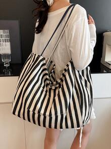 Túi Tote Canvas Sọc Retro Sang Trọng, Túi Đeo Vai Dung Tích Lớn Phong Cách Hàn Quốc Dành Cho Nữ, Thích Hợp Cho Du Lịch Và Nghỉ Dưỡng - màu đen - Xem 2