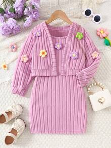 2pcs Autumn/Winter Floral Knitted Cardigan + Bodycon Slip Dress Set, Soft & Comfortable, Fashionable Casual Outfit For Young Girls - Purple - View 2