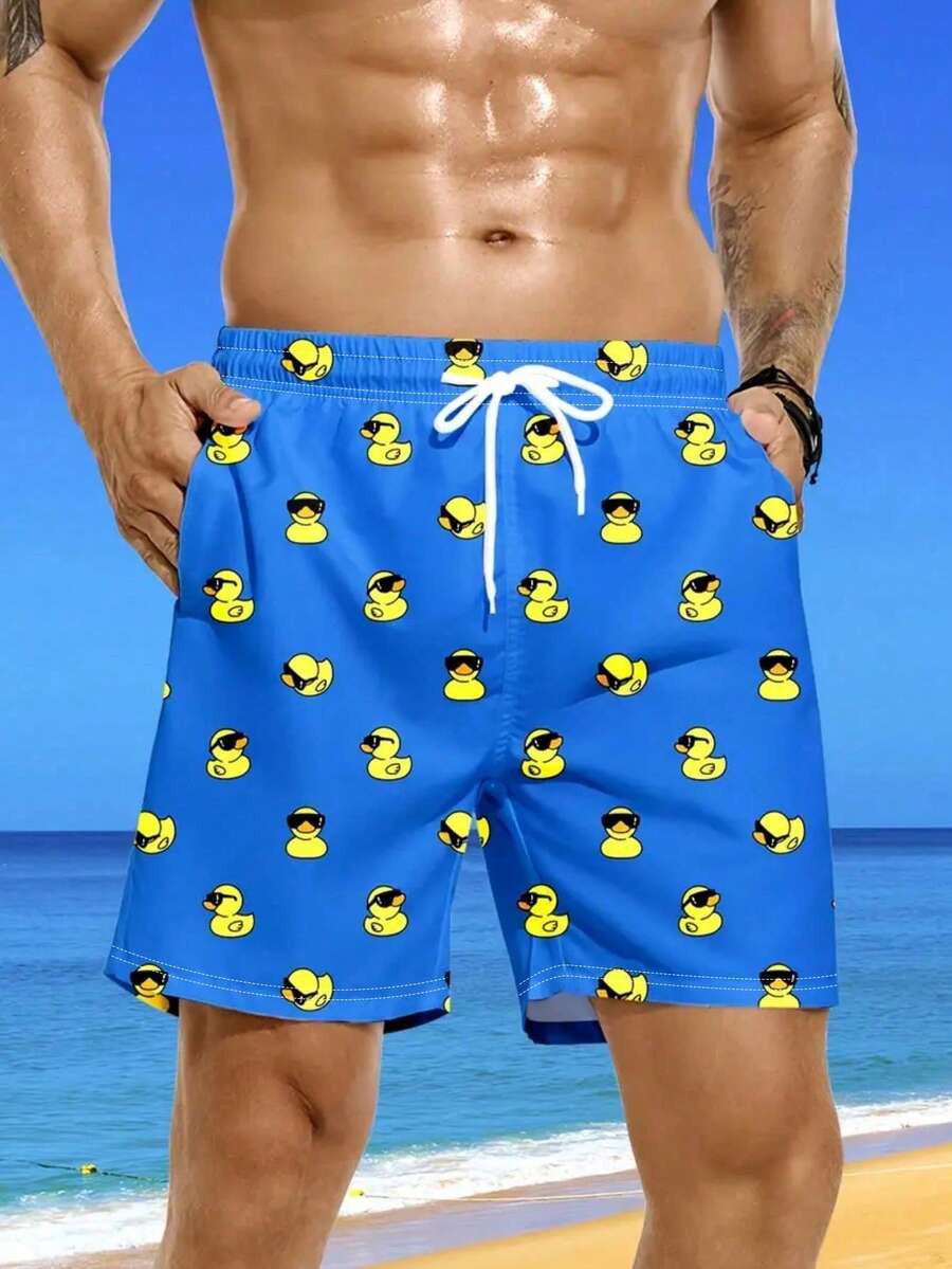 大码男士时尚黄鸭印花抽绳腰沙滩短裤，度假风格，夏威夷风 - 藍色 - 查看 1