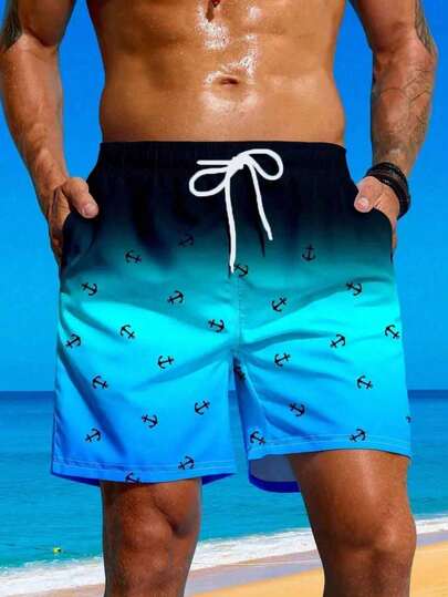 Pantaloncini da spiaggia stile oceanico da uomo, pantaloncini da nuoto da spiaggia con stampa integrale di ancora sfumata nero & blu, con coulisse, larghi, ad asciugatura rapida, casual, per vacanze e surf