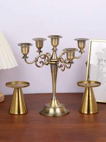 1 Peça/Conjunto Decoração de Mesa de Estilo Boêmio de Liga de Zinco, Castiçal Ornamental de 5 Velas, Dourado, Atmosfera Europeia de Clube Doméstico, Sala de Estar, Feriado, Atmosfera Romântica, Enfeite de Soquete de Vela, Decoração Romântica de Casamento e Aniversário