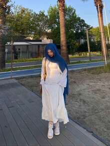 1 Khăn trùm đầu bằng vải voan giả ngọc trai màu trơn cho nữ, khăn trùm đầu trơn kiểu Ả Rập giản dị, thích hợp mặc hàng ngày ở Trung Đông để mặc trong trang phục - Màu xanh lam - Xem 4