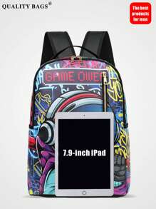 1 Stück lässiger College-Stil Rucksack, große Kapazität, Cartoon-Muster, modischer lässiger Muster, Buchstaben-Muster, Graffiti-Muster, geeignet für Männer, Festivals, Sport, Urlaub, Retro, kann Dateien halten, Reisen, Gym, Muster, Universitäts-Rucksack, Schul-Rucksack, Campus-Rucksack, Laptop-Rucksack, Rückkehr zur Schule Saison 2000er Jahre Stil