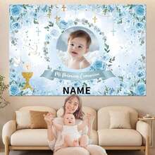 1 szt. Spersonalizowany, spersonalizowany, ręcznie robiony, uroczy niebieski kwiatowy wianek w kształcie krzyża, dekoracja chrztu, możliwość personalizacji imienia i zdjęcia, odpowiedni do pokoju dziecięcego, salonu, tła