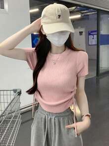 女士纯色收腰短袖针织上衣，休闲粉色夏季款 - 粉色 - 查看 1