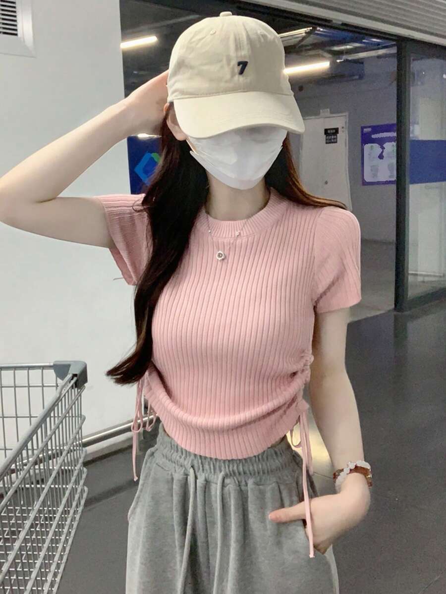 女士纯色收腰短袖针织上衣，休闲粉色夏季款 - 粉色 - 查看 1