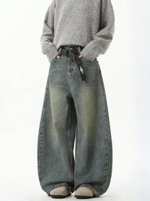 1 件休闲学院风宽松百搭情侣宽松牛仔裤 - 水鴨藍 - 查看 3