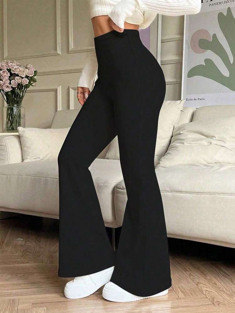 Pantalones deportivos de yoga con cintura alta y corte acampanado, unicolor, leggings ajustados de compresión para correr y hacer ejercicio, color negro de primavera - Negro - Añade 1