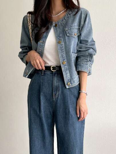 Women's Solid Color Denim Jacket With Pockets And Button Closure, Casual Wear For Spring And Autumn